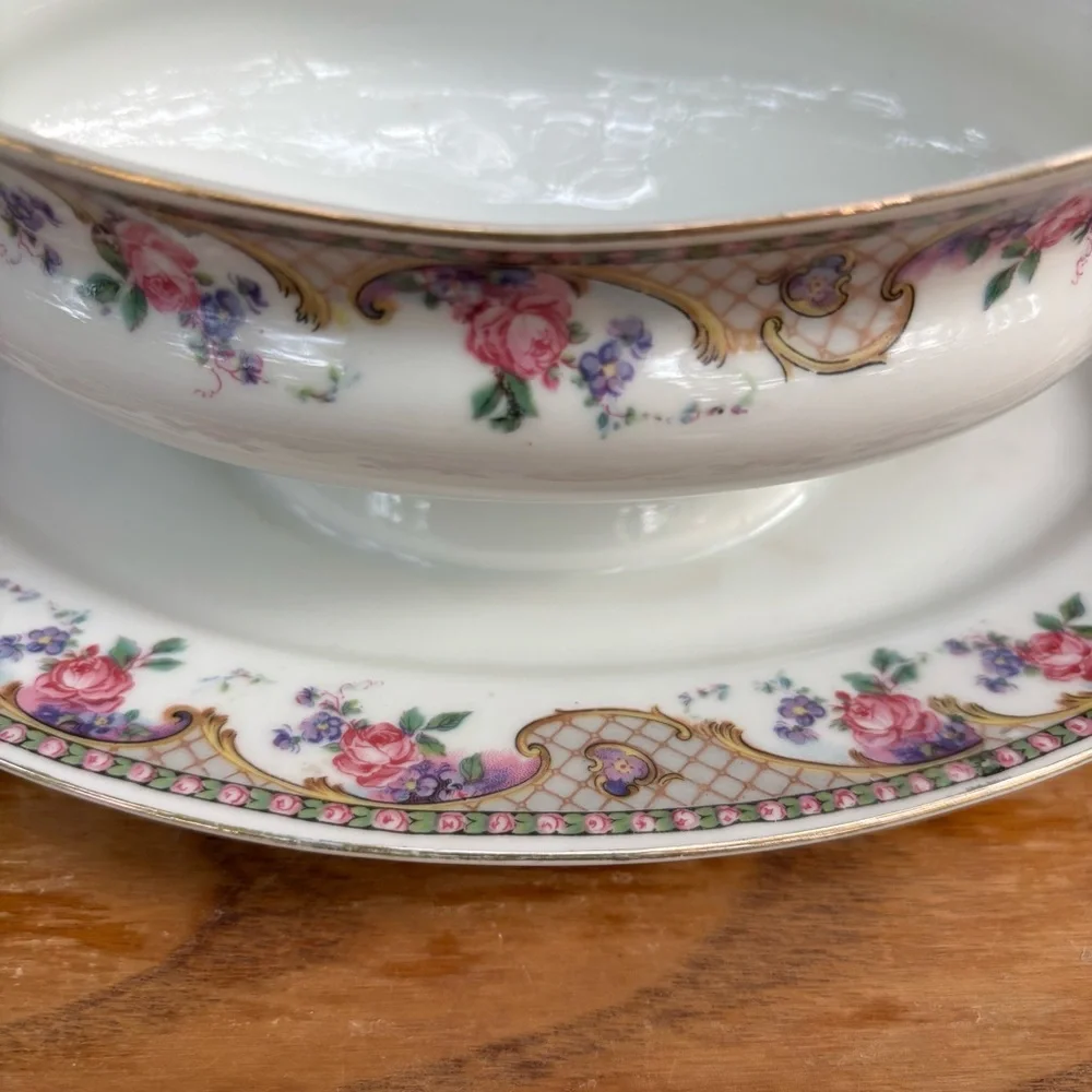 Vintage Victoria Czecho-slovakia Gravy boat  Pattern Pink Roses and gold basket